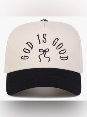 Cream and Black 'God Is Good' Embroidered Hat